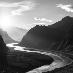 A stunning black and white image capturing an ethereal landscape at sunrise