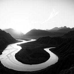 A stunning black and white image capturing an ethereal landscape at sunrise
