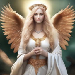 This digital art image portrays Freyja, the Norse goddess of love, beauty, and fertility