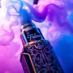 A close-up shot of a stylish vape device with intricate designs, showcasing the 'Flava' brand logo prominently displayed