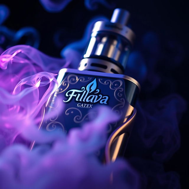 A close-up shot of a stylish vape device with intricate designs, showcasing the 'Flava' brand logo prominently displayed