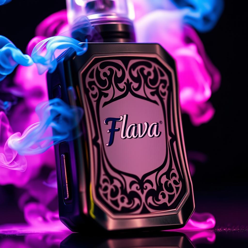 A close-up shot of a stylish vape device with intricate designs, showcasing the 'Flava' brand logo prominently displayed