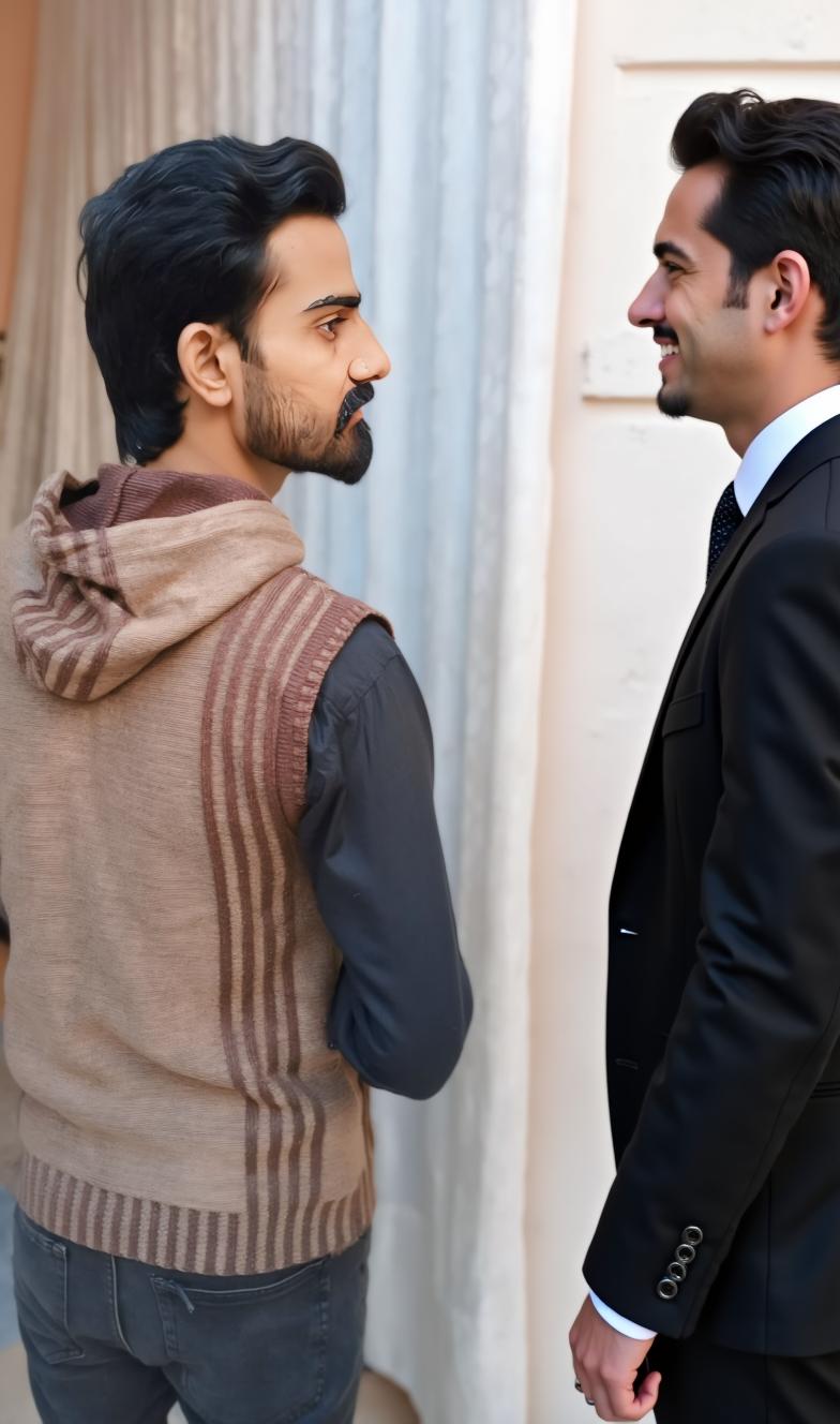 A man standing sideways, viewed from behind, wearing a stylish hooded sweater with a textured pattern