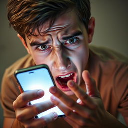 A high angle shot of a distressed 18-year-old teenage boy, his face contorted in fear and panic as he holds his lit-up phone at arm's length