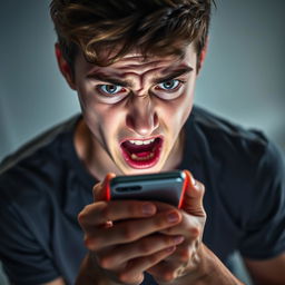A high angle shot of a distressed 18-year-old teenage boy, his face contorted in fear and panic as he holds his lit-up phone at arm's length