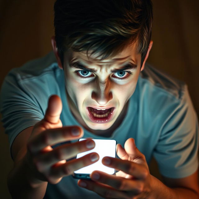 A high angle shot of a distressed 18-year-old teenage boy, his face contorted in fear and panic as he holds his lit-up phone at arm's length