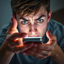 A high angle shot of a distressed 18-year-old teenage boy, his face contorted in fear and panic as he holds his lit-up phone at arm's length
