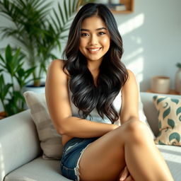 A beautiful Filipina woman, 26 years old, with voluptuous curves and a playful demeanor, lounging in a comfortable setting