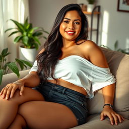 A beautiful Filipina woman, 26 years old, with voluptuous curves and a playful demeanor, lounging in a comfortable setting