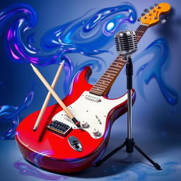 A dynamic still life arrangement featuring a pair of drumsticks resting on a vibrant electric guitar, with a sleek bass guitar leaning against it