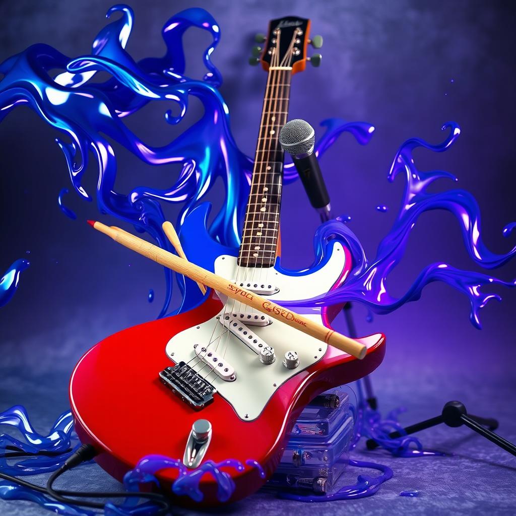 A dynamic still life arrangement featuring a pair of drumsticks resting on a vibrant electric guitar, with a sleek bass guitar leaning against it