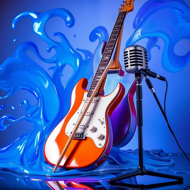 A dynamic still life arrangement featuring a pair of drumsticks resting on a vibrant electric guitar, with a sleek bass guitar leaning against it