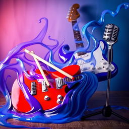 A dynamic still life arrangement featuring a pair of drumsticks resting on a vibrant electric guitar, with a sleek bass guitar leaning against it