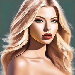 This is a high-quality digital art image featuring a full-bodied, sexy blonde woman with medium lips and long, straight hair