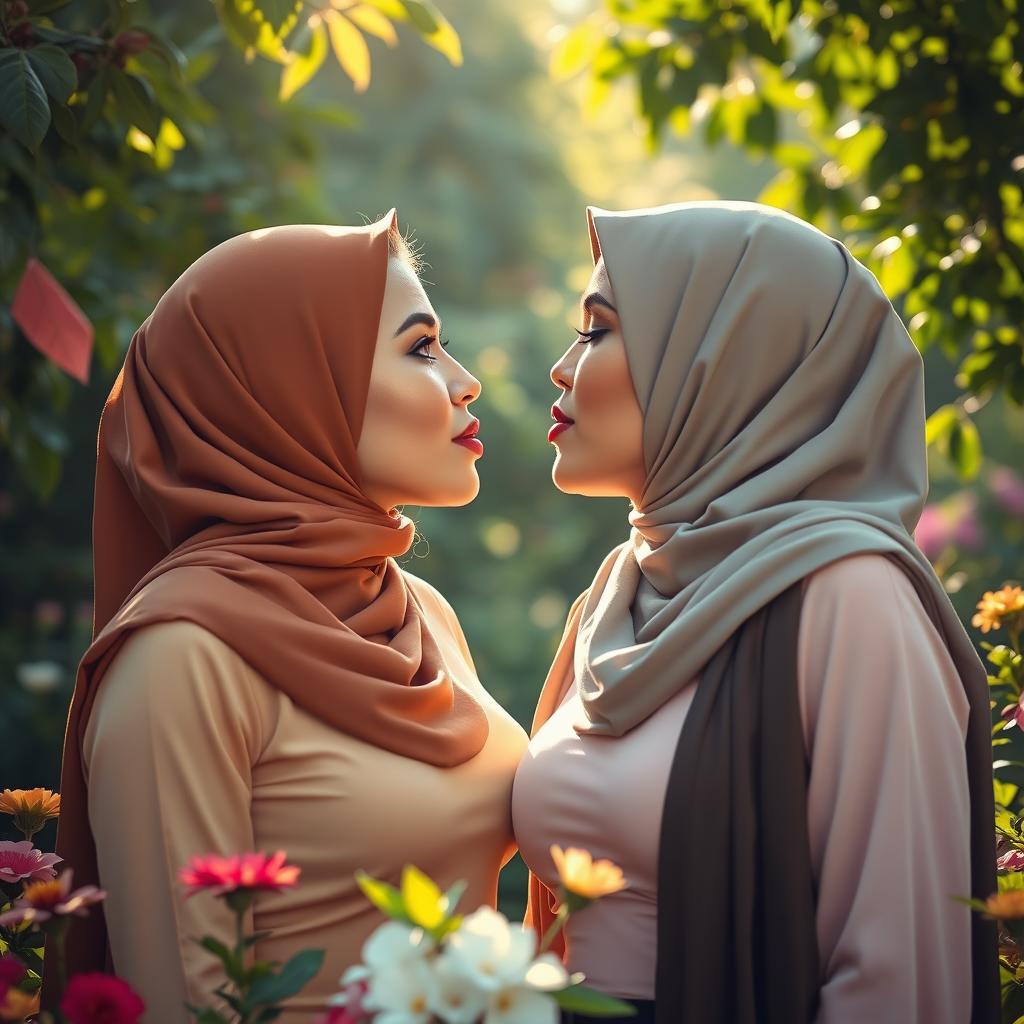 Two beautiful, busty women wearing stylish hijabs are engaged in a romantic moment, tongue kissing tenderly in a lush, vibrant garden