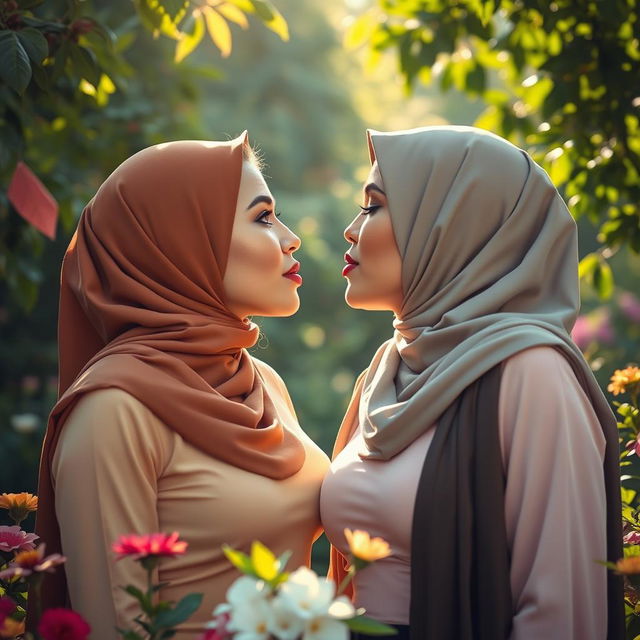Two beautiful, busty women wearing stylish hijabs are engaged in a romantic moment, tongue kissing tenderly in a lush, vibrant garden