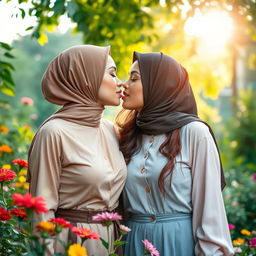 Two beautiful, busty women wearing stylish hijabs are engaged in a romantic moment, tongue kissing tenderly in a lush, vibrant garden