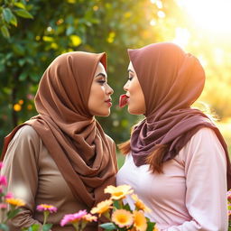 Two beautiful, busty women wearing stylish hijabs are engaged in a romantic moment, tongue kissing tenderly in a lush, vibrant garden