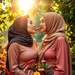 Two beautiful, busty women wearing stylish hijabs are engaged in a romantic moment, tongue kissing tenderly in a lush, vibrant garden