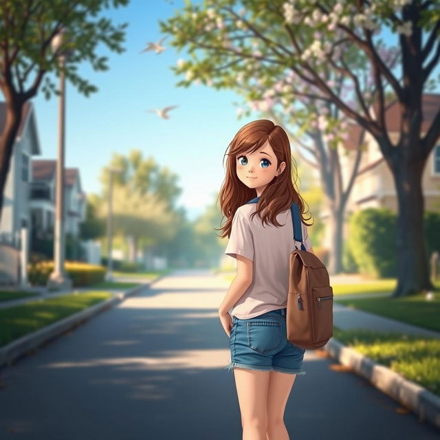 A serene scene capturing a young girl named Peacey, with long wavy brown hair and a backpack, walking down a quiet suburban street towards her school