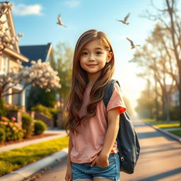 A serene scene capturing a young girl named Peacey, with long wavy brown hair and a backpack, walking down a quiet suburban street towards her school