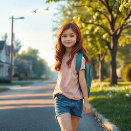 A serene scene capturing a young girl named Peacey, with long wavy brown hair and a backpack, walking down a quiet suburban street towards her school