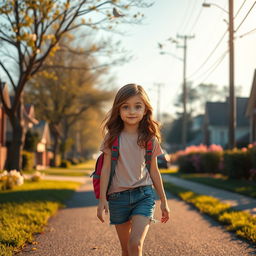 A serene scene capturing a young girl named Peacey, with long wavy brown hair and a backpack, walking down a quiet suburban street towards her school