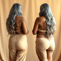Two elegant dusky Indian women, both aged 60, stand gracefully with their backs to the viewer, showcasing a stunning full backside view