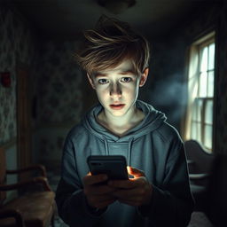 A teenage boy standing in an abandoned old house, illuminated by the soft light of his smartphone