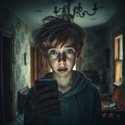 A teenage boy standing in an abandoned old house, illuminated by the soft light of his smartphone