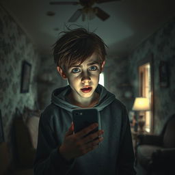 A teenage boy standing in an abandoned old house, illuminated by the soft light of his smartphone
