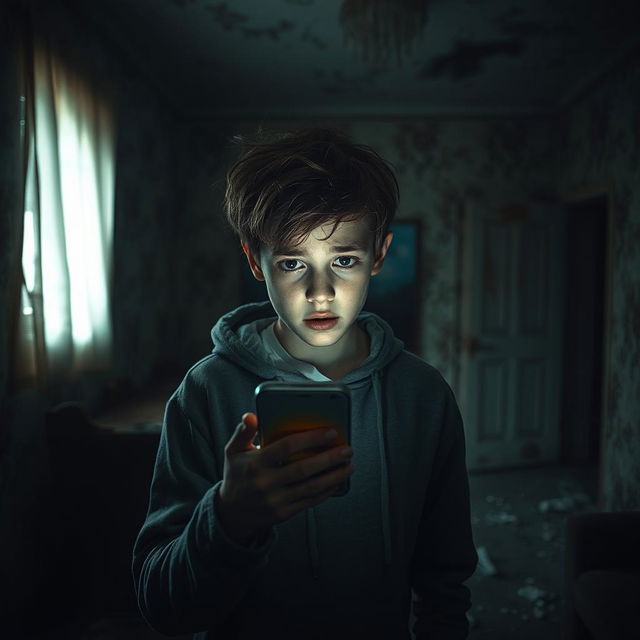 A teenage boy standing in an abandoned old house, illuminated by the soft light of his smartphone