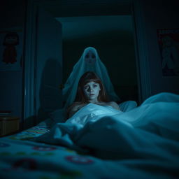 A cinematic scene featuring a ghostly figure appearing in the doorway of a girl's room