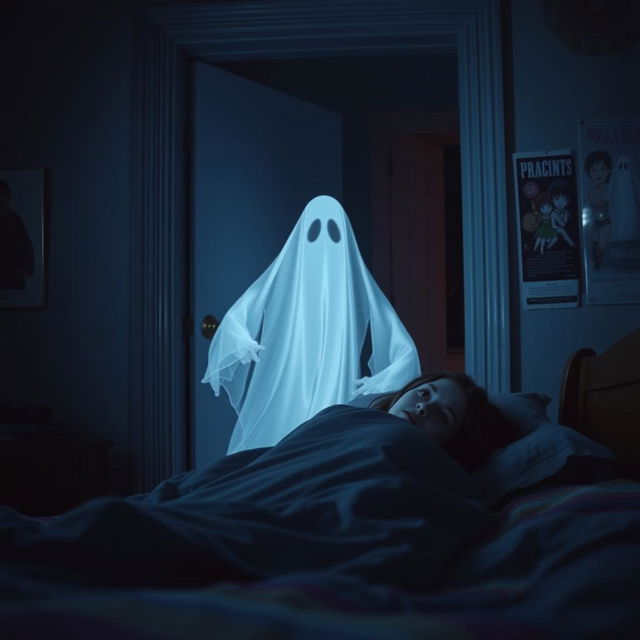 A cinematic scene featuring a ghostly figure appearing in the doorway of a girl's room