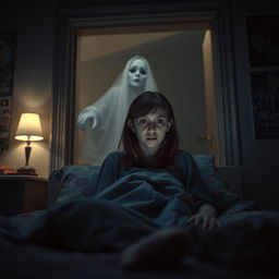 A cinematic scene featuring a ghostly figure appearing in the doorway of a girl's room
