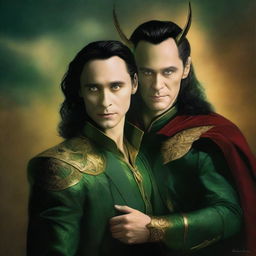 This digital art image presents an intriguing scene of Loki, the god of mischief, and a vampire in a romantic setting