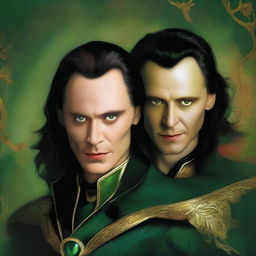 This digital art image presents an intriguing scene of Loki, the god of mischief, and a vampire in a romantic setting