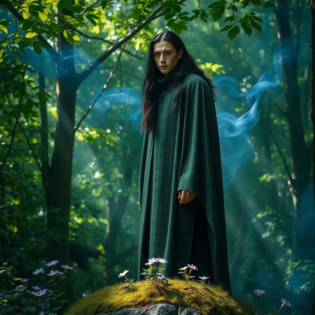 Capture a mysterious forest scene featuring a figure named Marcelen
