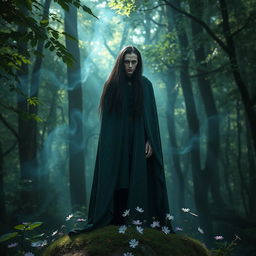 Capture a mysterious forest scene featuring a figure named Marcelen