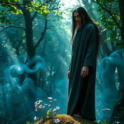 Capture a mysterious forest scene featuring a figure named Marcelen
