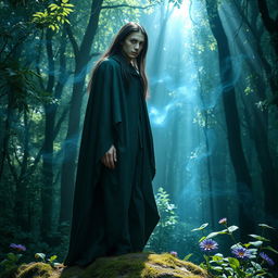 Capture a mysterious forest scene featuring a figure named Marcelen