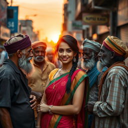 A striking scene capturing an Indian girl with a confident posture, showcasing her beauty and charm, while engaging with a group of beggars in an urban setting