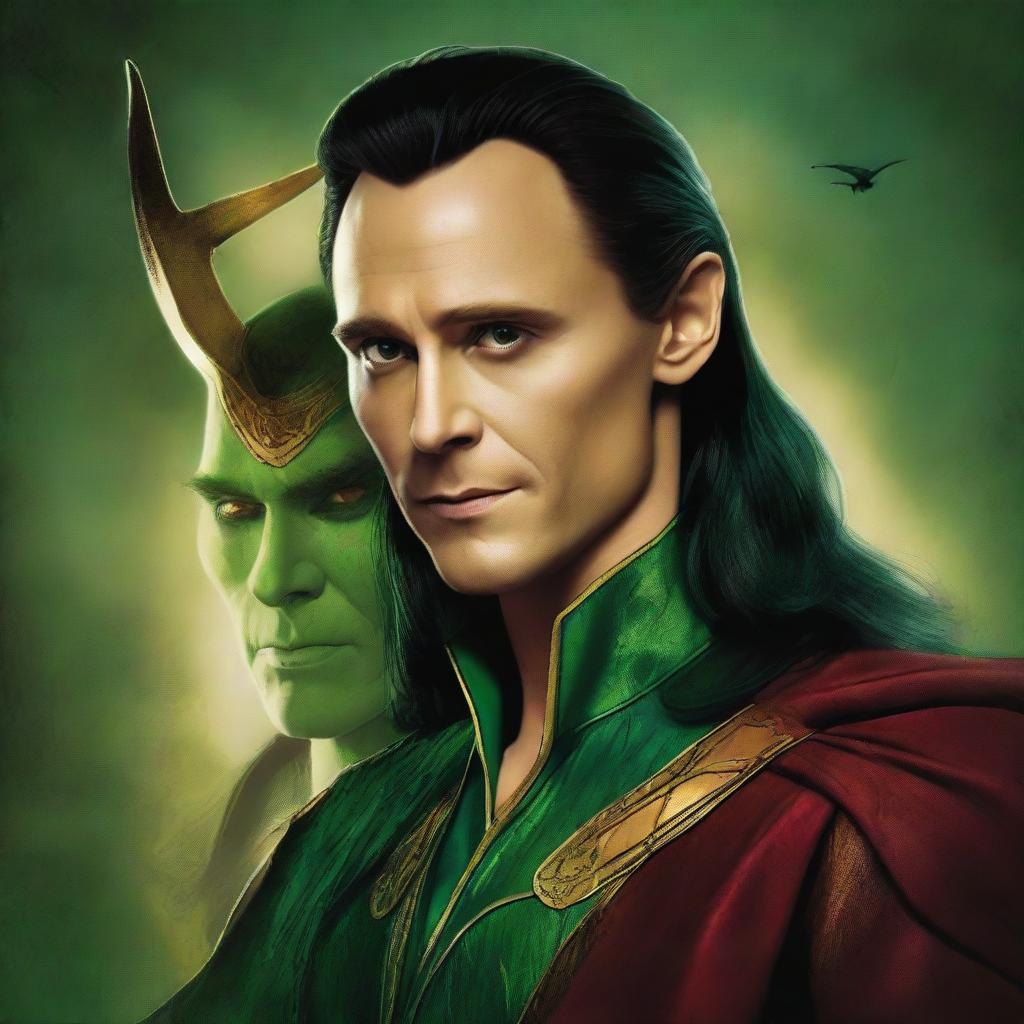 This digital art image presents an intriguing scene of Loki, the god of mischief, and a vampire in a romantic setting