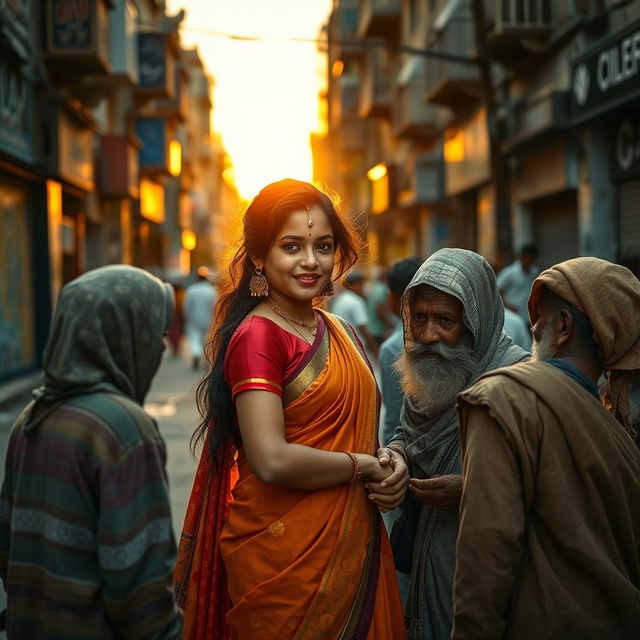 A striking scene capturing an Indian girl with a confident posture, showcasing her beauty and charm, while engaging with a group of beggars in an urban setting