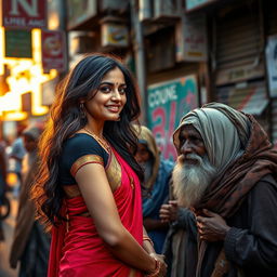 A striking scene capturing an Indian girl with a confident posture, showcasing her beauty and charm, while engaging with a group of beggars in an urban setting