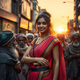 A striking scene capturing an Indian girl with a confident posture, showcasing her beauty and charm, while engaging with a group of beggars in an urban setting