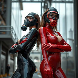 Two slim girls with big breasts, wearing glossy black and red tight latex suits that perfectly contour to their figures