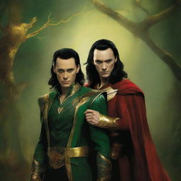 This digital art image presents an intriguing scene of Loki, the god of mischief, and a vampire in a romantic setting