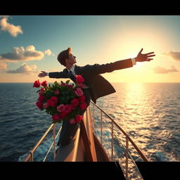 A romantic scene on the deck of a large ocean liner, reminiscent of a famous movie moment