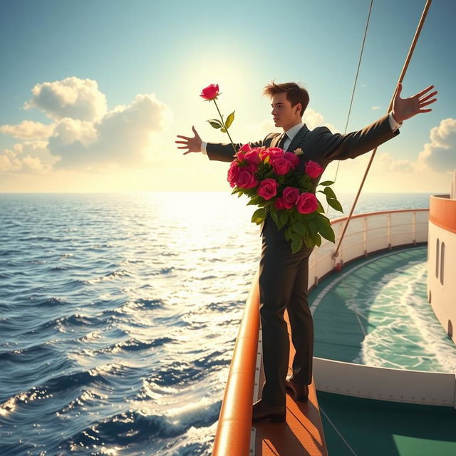 A romantic scene on the deck of a large ocean liner, reminiscent of a famous movie moment